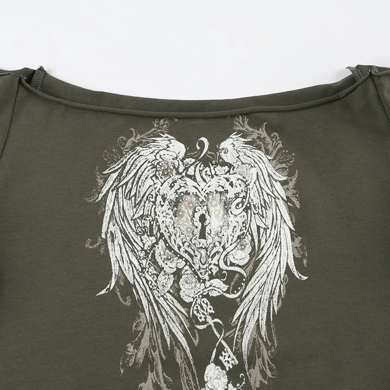 Aiertu  -  Y2K Spice Girls Return to Work Wings Key Printed One-Word Shoulder Short Sleeve T-Shirt Dark Wind Slim Skinny Off-Shoulder Top Aiertu