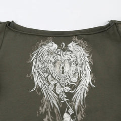 Aiertu  -  Y2K Spice Girls Return to Work Wings Key Printed One-Word Shoulder Short Sleeve T-Shirt Dark Wind Slim Skinny Off-Shoulder Top Aiertu