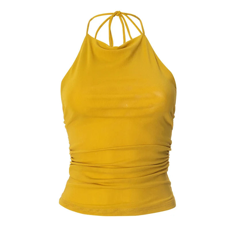Aiertu  -  Yellow Halter Tank Tops Summer New Women Streetwear Sexy Backless Ruched Slim T-shirts Female Fashion Sleeveless Tops Tee 2025 Aiertu