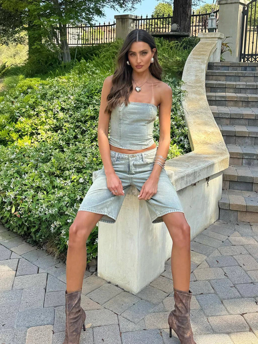 Aiertu  -  Women Plain Wide Leg Jeans Jorts Vintage Wash Straight High Waist Distressed Denim Bermuda Pants Y2k Summer Clothes Aiertu