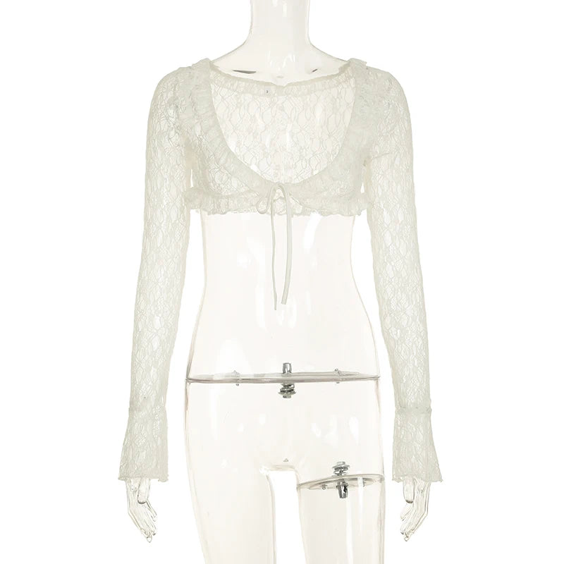 Aiertu  -  party look snspos Lace Transparent Lace-up Cardigan Women Y2K Spring Casual Long Sleeve Cropped Top Aesthetic Chic Vintage Cute Tee Aiertu
