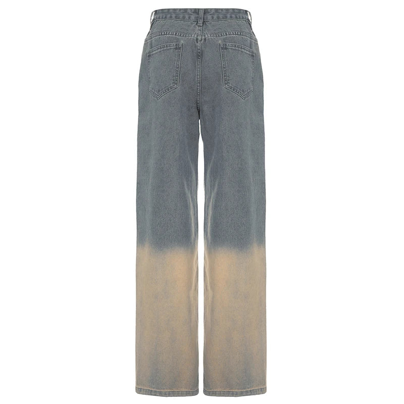 Aiertu  Fashion Gradient Frayed Detail Jeans Women High Street Contrast Color Straight Pants Hip Hop Denim Trousers Clubwear Aiertu