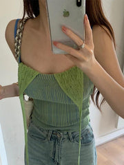 Aiertu  -Contrast Color Fake Two Piece Knit Cami Top Halter Vest aiertu