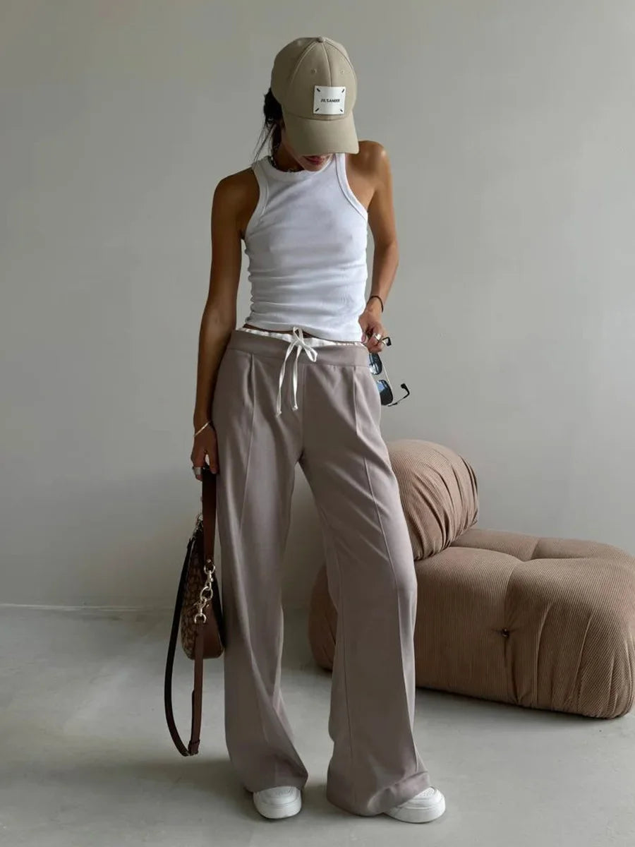 Aiertu  -  Women's Spring New Fake Two Piece Lace Up Loose Casual Pants Fashion Straight Leg Pants Female Retro Commuter Suit Pants Aiertu