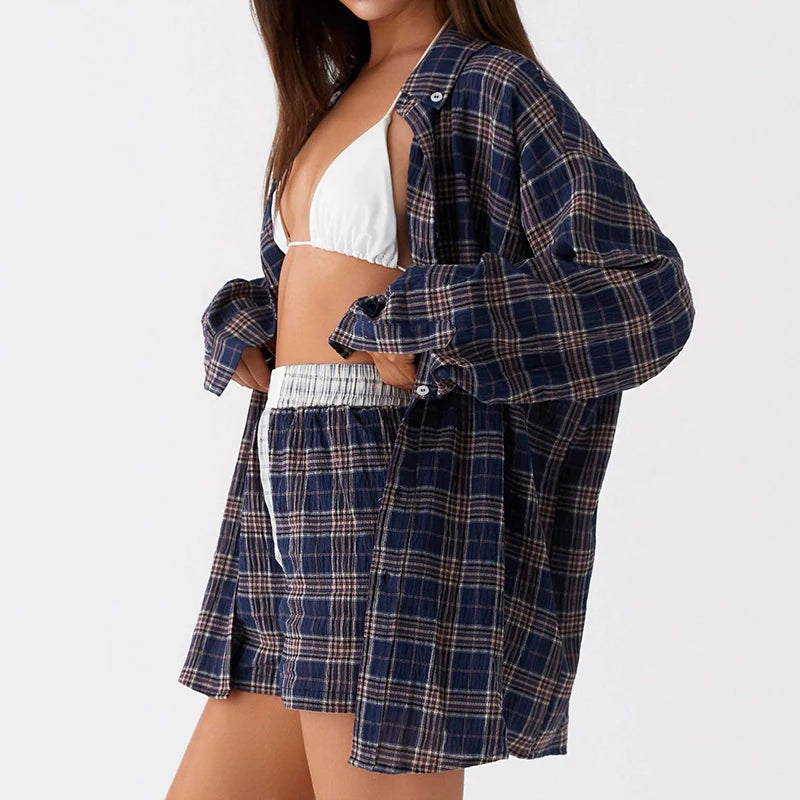 Aiertu  -  Casual Lounge Set Plaid Patterm Button Down Long Sleeve Blouse T-shirt Tops + Wide Leg Shorts Comfy 2 Piece Set Women Outfits Aiertu