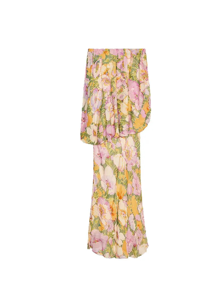 Aiertu  -  Strapless Layered Printed Dress Flower Off Shoulder Backless Layers Slimming Seaside Beach Women Long Dress Fashion Robes Summer Aiertu