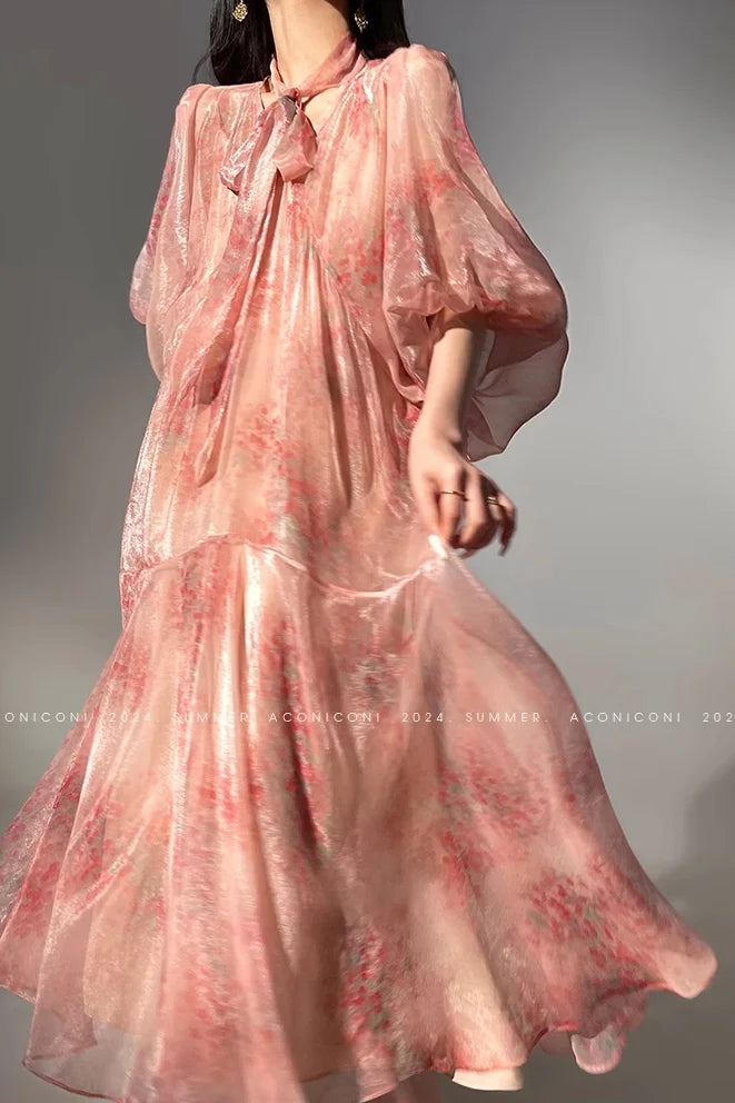 Aiertu  -  French Vintage Style Floral V-neck Dress Women's Summer Pure Sexy Loose A-line Long Dress Fashion Female Clothes Aiertu