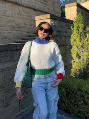 Aiertu  - Casual Knitted Contrast Colorful Pullover 2026 Women Elegant Stand Collar Long Sleeves Sweater Autumn Lady High Streetwear Aiertu