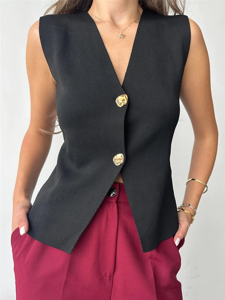 Aiertu  -  V Neck Button Knit Vest For Women 2025 Sleeveless Casual Street Solid Cardigan Tank Top Femme Vintage Basic Vest Female Aiertu