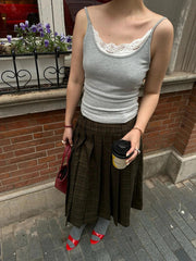 Aiertu  -  Women Midi Long Plaid Skirt Vintage Green High Waist Loose A-line Pleated Skirt School Uniform Casual Autumn Clothes Aiertu