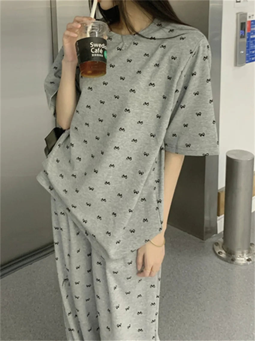 Aiertu  -  Summer Casual Suits Women Loose Printed Bow T-Shirts Daily Chic Office Lady 2026 High Street Wide Leg Pants Sets Aiertu