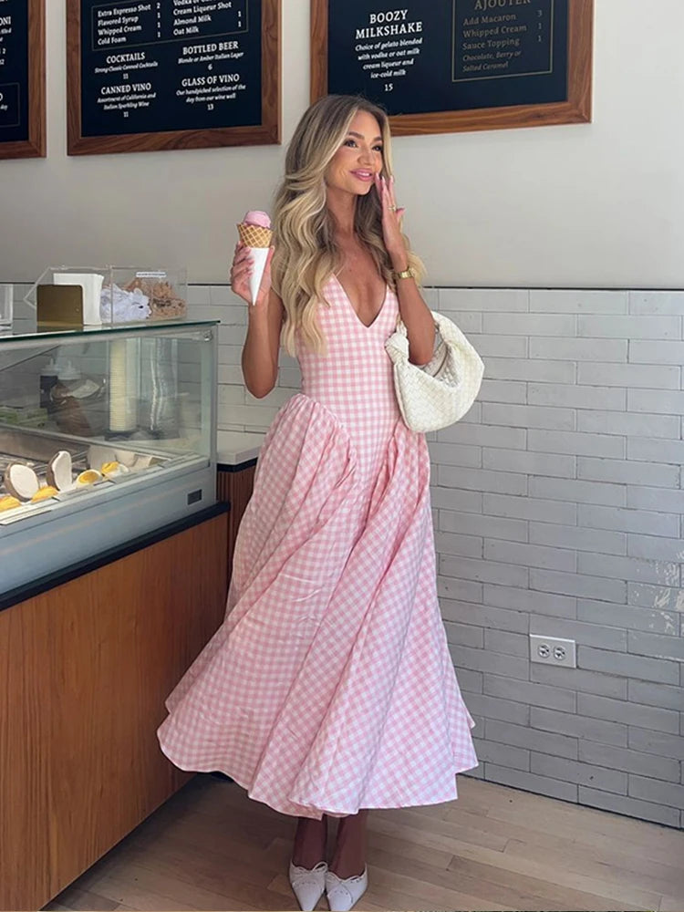 Aiertu  -  Fashion Pink Plaid Print Halter Dress Women Sexy V-neck Off Shoulder Pleated A-line Dresses 2026 High Street Vacation Vestido Aiertu