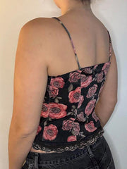 Aiertu  -Vintage Rose Print Drawstring Tie Cami Top aiertu