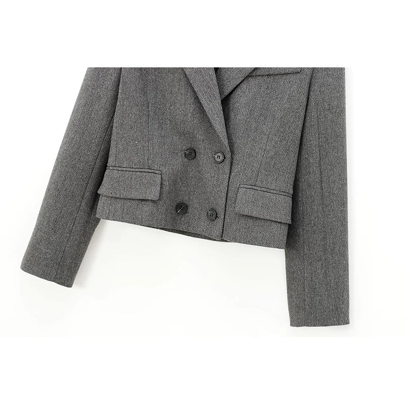 Aiertu  -  High Street Women Gray Double Breasted Elegant Crop Blazer Long Sleeve Lapel Collar  Business Suit Jacket Aiertu