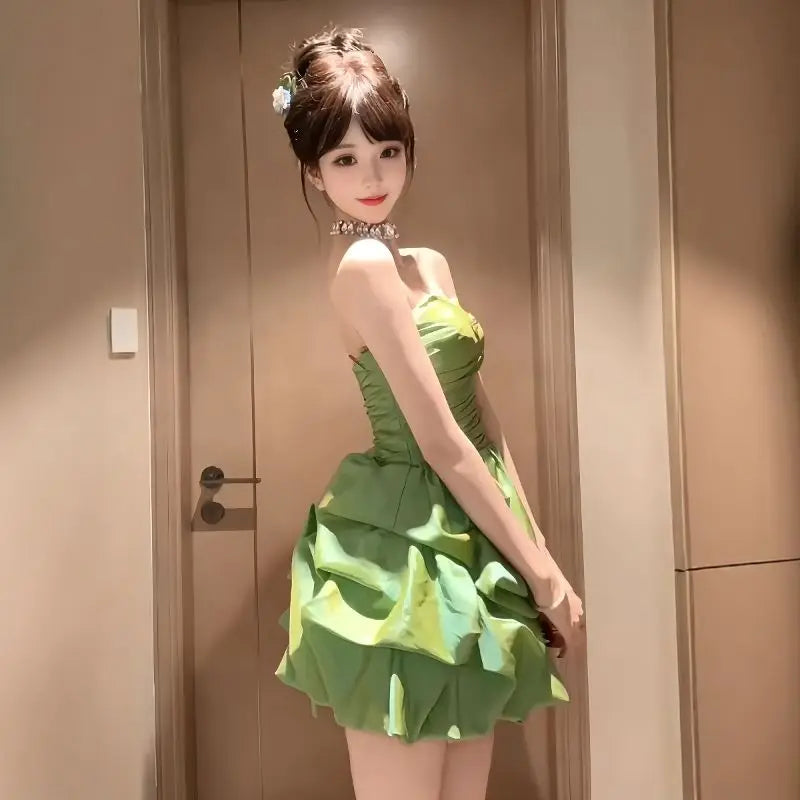 Aiertu  -   French Retro Green Mini Strapless Dress for Women Summer High-end Sweet Girl High Waist Slimming Birthday Party Evening Dress Aiertu