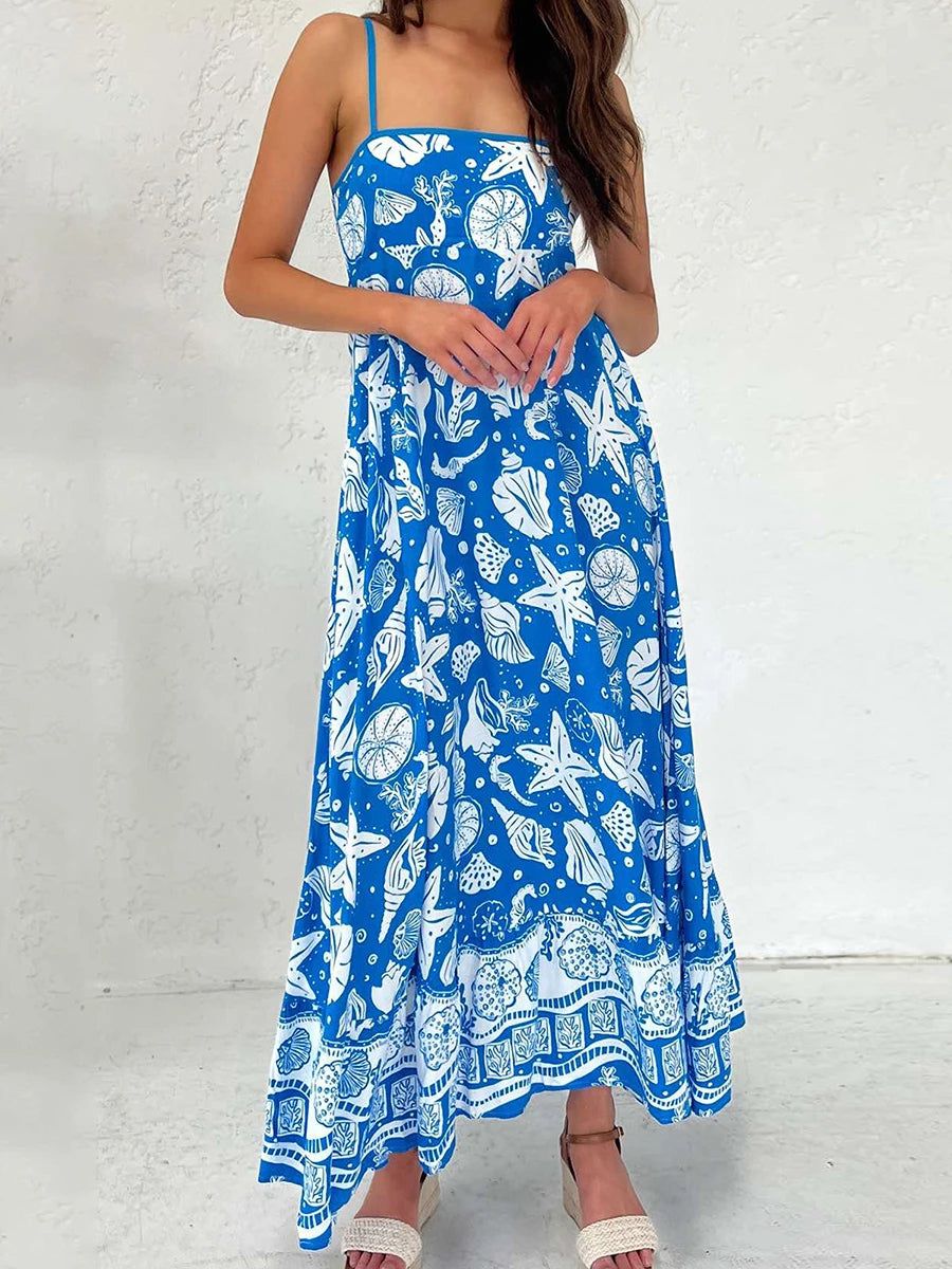 Aiertu  -   Women s Elegant Floral Print Sleeveless Maxi Dress with Adjustable Spaghetti Straps and A-Line Silhouette for Summer Beach Aiertu