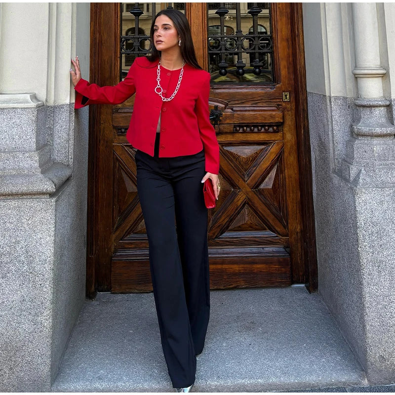 Aiertu  -  Casual Wine Red Women's Short Jacket Elegant O-neck Single-breasted Full Sleeve Coats Autumn Lady Office Street Outwear New Aiertu