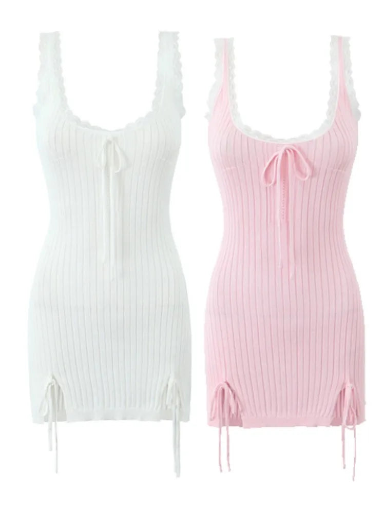 Aiertu  -  New Pink White Lace Patchwork Short Dress For Women's Clothing Ruffle Square Collar Vacation Beach Summer Knit Slip Dress Aiertu
