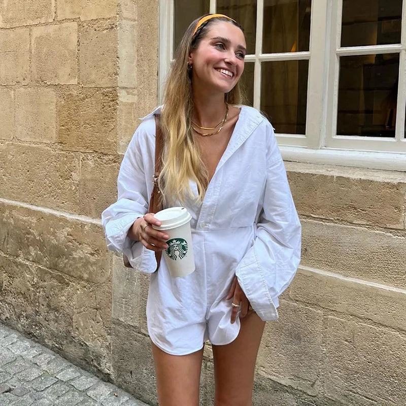 Aiertu  -  Autumn New Long Sleeves Shirt Playsuits For Women Loose Casual Patchwork High Waisted Pants Solid Rompers Female Outfits Aiertu