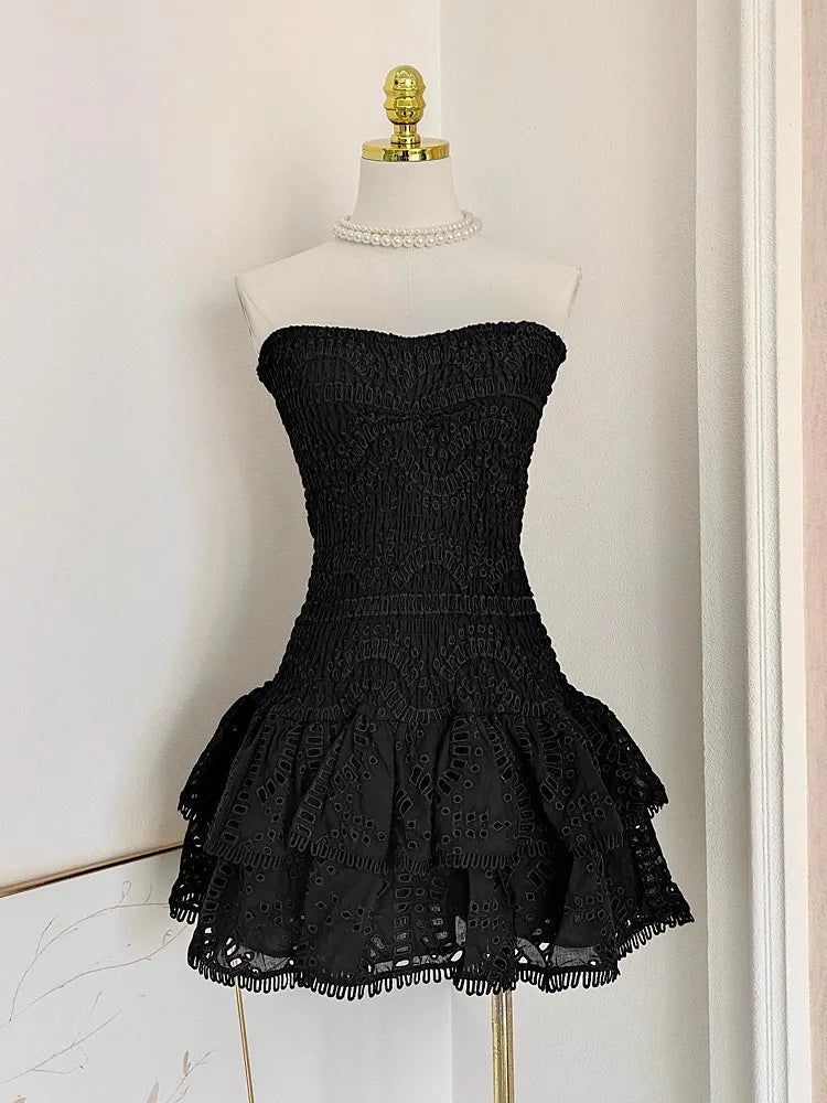 Aiertu  -  Summer Hollow Out Embroidery Cake Dress Women Sexy Beach Strapless Halter Stretch Cotton Spliced Layer Lace Trims Mini Vestidos Aiertu