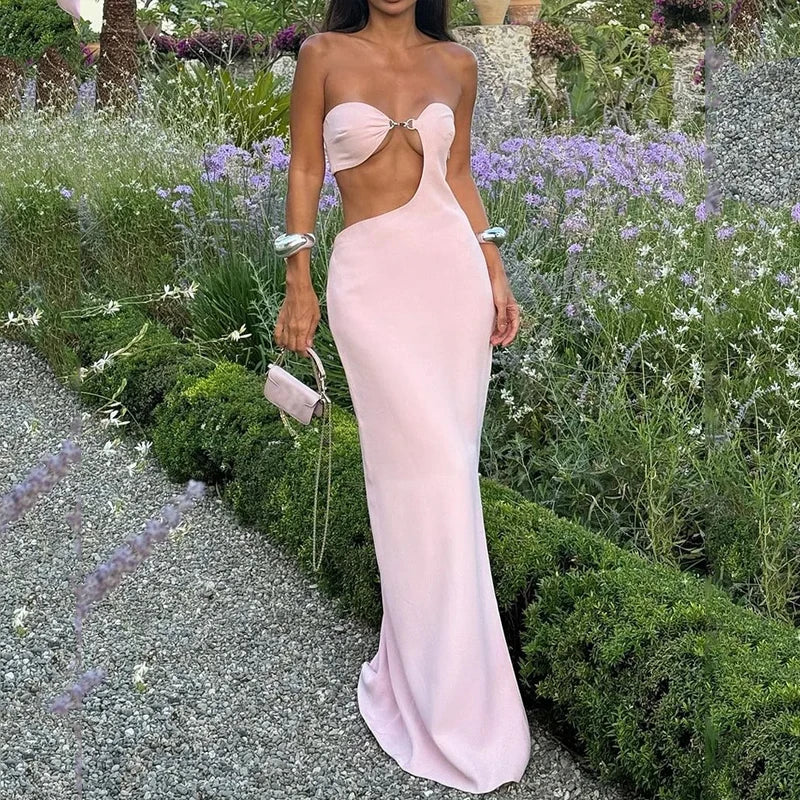 Aiertu  -  Women Maxi Dress Fashion SummerElegant Strapless Sleeveless Solid Hollow Slim Hollow Holiday Party Dresses Streetwear Aiertu