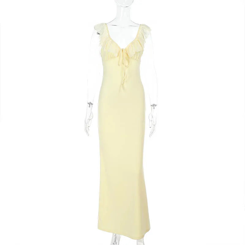 Aiertu  -  Women Ruffle Trim Cami Dress Slim Solid Color Deep V Neck Open Back Tie Long Evening Dress for Party Clubwear Aiertu