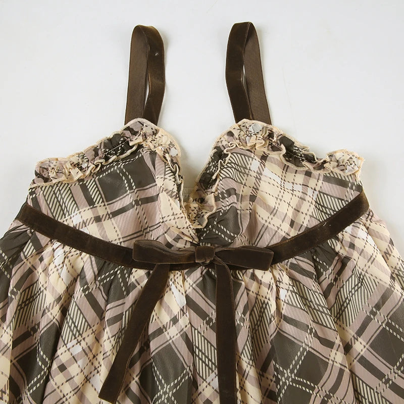 Aiertu  Sweet Plaid Bow Cute Simple Camisole Dresses Tops Fashion All-Match Retro Women Home Clothing Aiertu
