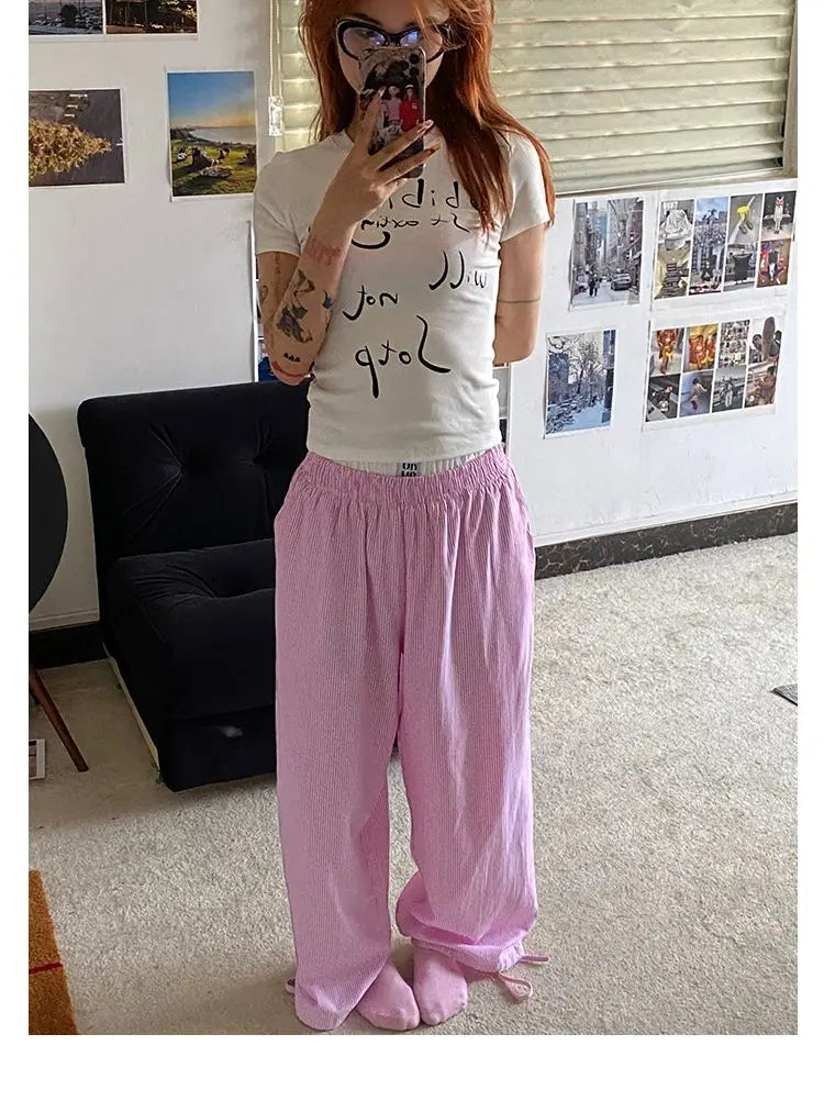 Aiertu  -  Blue Stripe Pants Women Y2k Fake Two Piece Wide Leg Sweatpants Baggy Kpop Sport Trousers Hip Hop Harajuku Summer Bottoms Aiertu