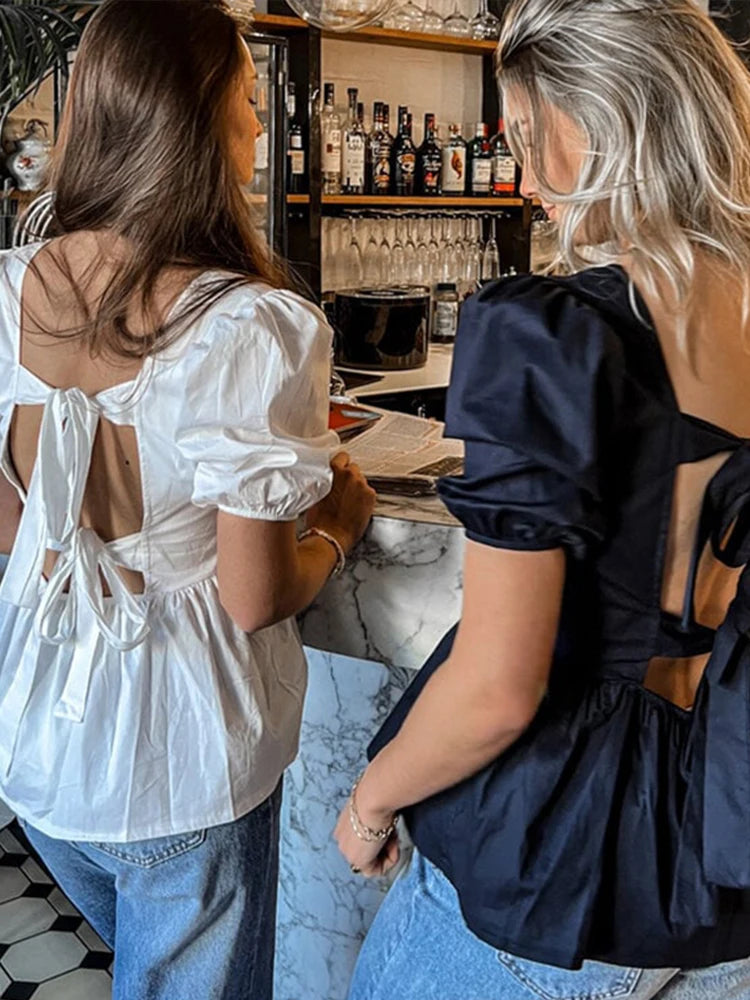 Aiertu  -  Back Lace Up Bow Shirt Top Square Collar Hollowed Out Casual Temperament Waist Cinching Summer Women White Short Sleeved Blouse Aiertu