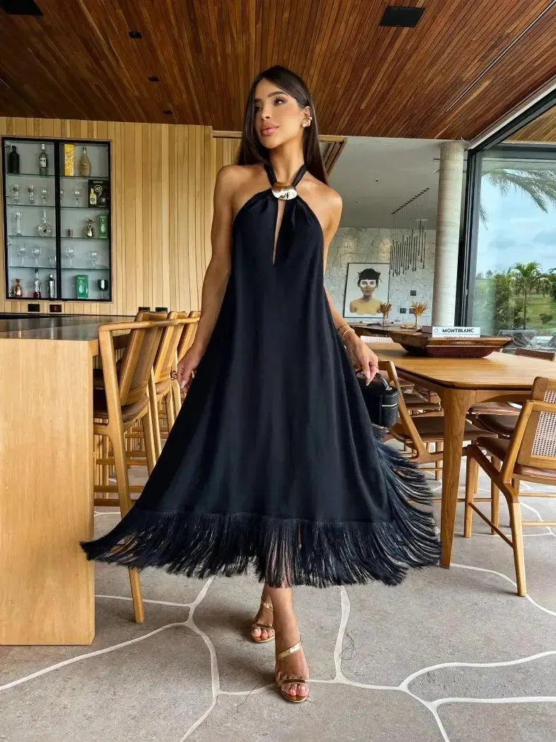Aiertu  -  New Sexy Women Black Dresses Tassel Sleeveless Naked Waist Halter Dress Summer Party Evening Female Vestidos Aiertu