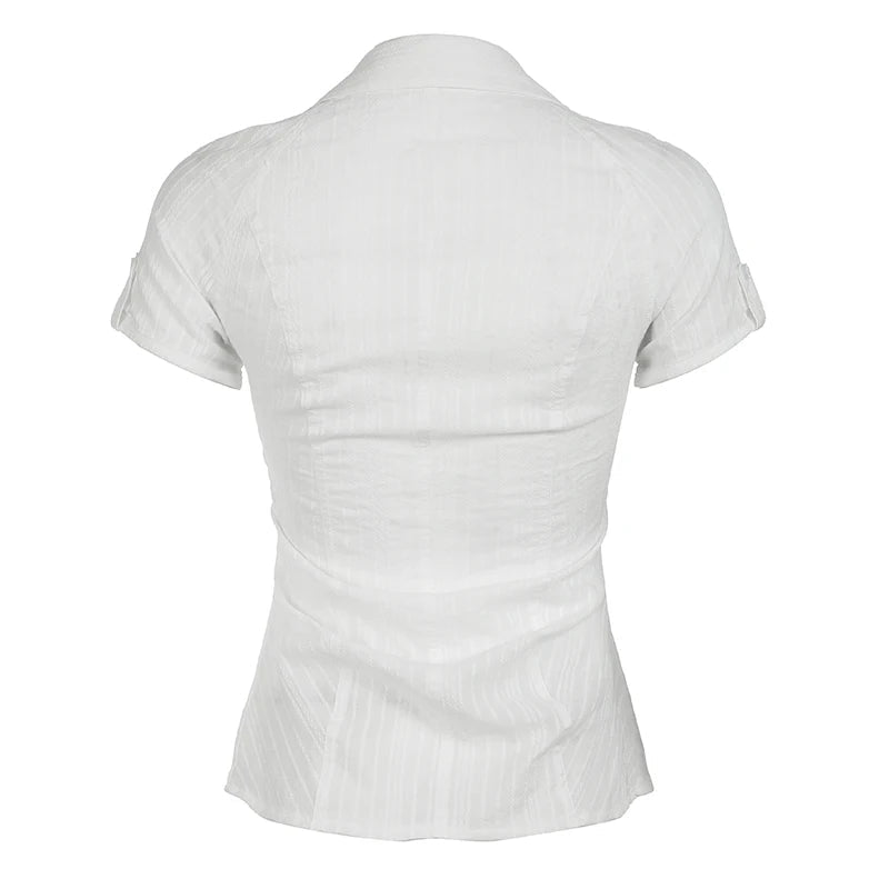 Aiertu  -  Fashion Chic Folds Summer Blouse Women Texture Stripe Buttons-Up Cardigan Shirt Korean French Tops Short Sleeve Basic Aiertu