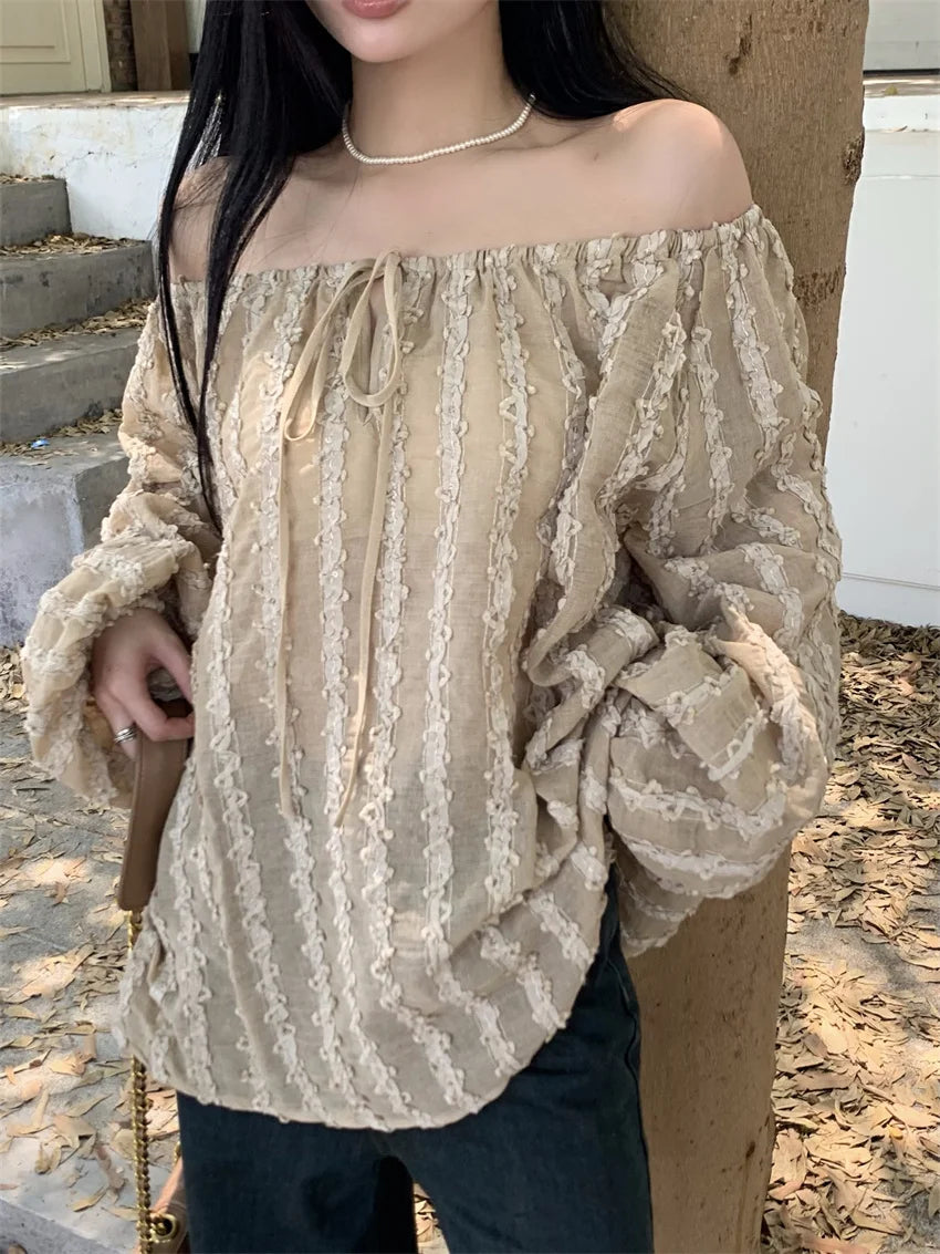 Aiertu  -  Fashion Lantern Sleeve Blouses Women Summer Casual Chic 2026 Loose Vintage Mujer Slash Neck Vacation Off Shoulder Beach Aiertu
