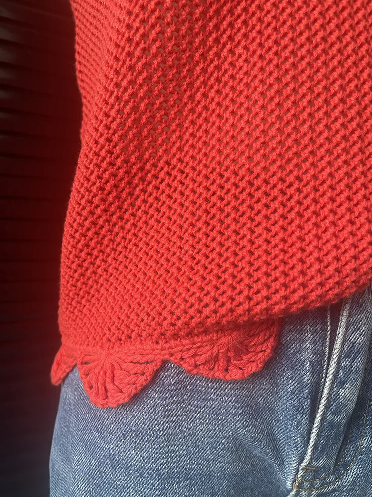 Aiertu  -  Knitted Tank Top in Red Sleeveless Round Neck Crochet Vintage Vest Ruffle Edging Tops 2024 New in Summer Woman Clothing Aiertu