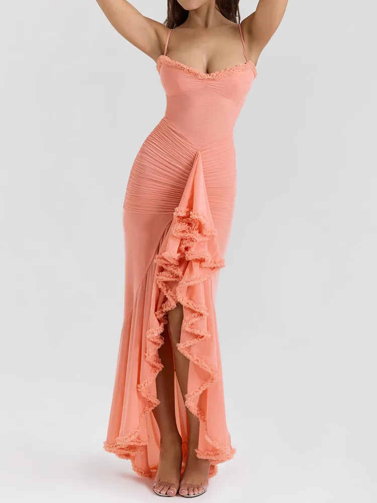 Aiertu  -  Sexy Spaghetti Strap Ruffle Irregular Bodycon Party Club Evening Dress Women  Mesh Suspender Spring Summer Holiday Beach Aiertu