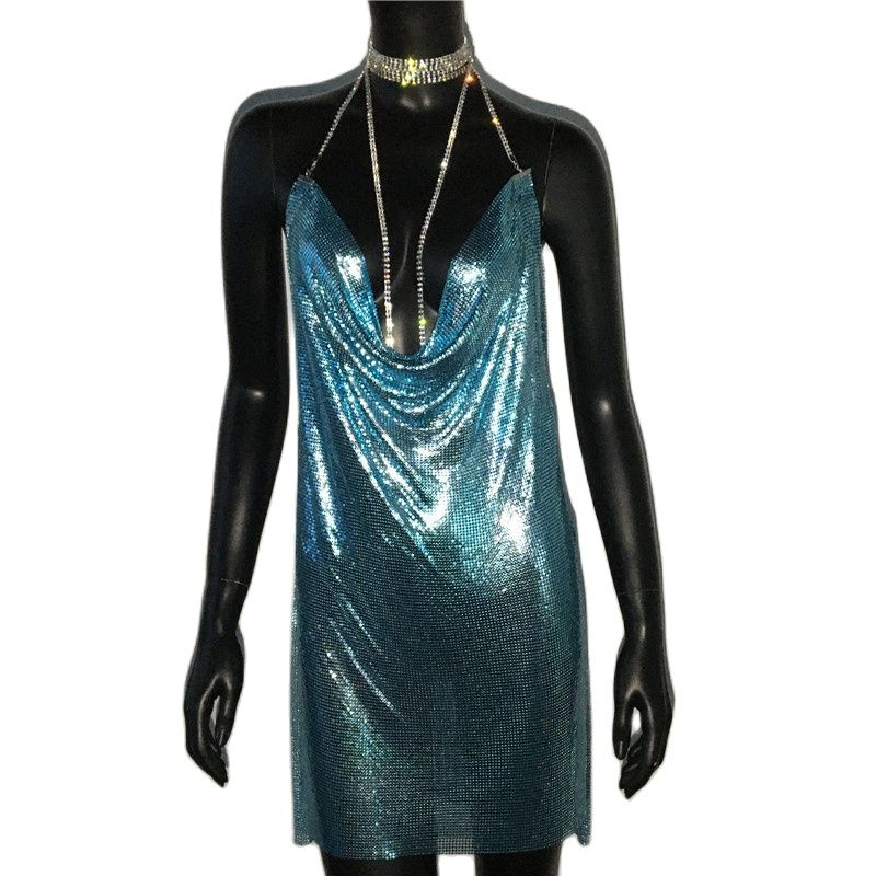 Aiertu Sexy Gold Sequined Patchwork Mini Dress Women Sleeveless Low Cut Metal Chains Halter Slim Charming Nightclub Party Dresses Aiertu