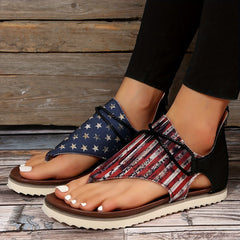 Aiertu [Vintage Gladiator Sandals] Vintage Style Gladiator Sandals - Striped Independence Day Flat Heel with Zip Closure, Split Toe Design, EVA Sole, Faux Cover Insole & Lining Aiertu