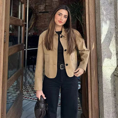 Aiertu  -  Vintage Faux Suede Lapel Jackets Women Loose Single Breasted  Pockets Long Sleeve Coats 2026 Autumn New Lady Chic Tops Outwear Aiertu