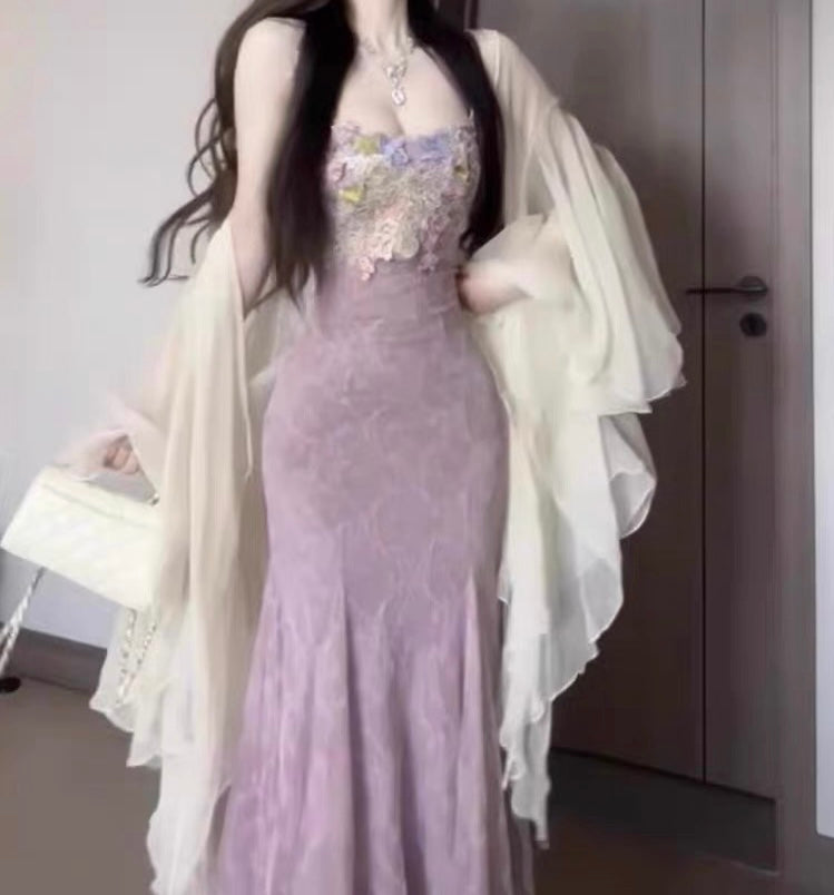 Aiertu  Mauve Flower-Applique Coquette Fairy Dress Aiertu