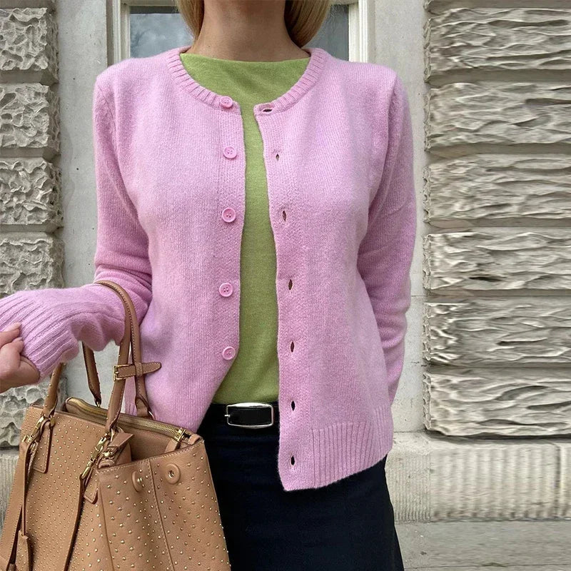 Aiertu  -  Pink Knit Single Breasted Cardigan Women Casual Round Neck Long Sleeves Sweater Female 2026 Autumn Solid Lady Kintwear Aiertu
