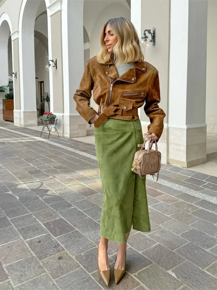 Aiertu  -  New Green Suede Chic Autumn Women Skirt Zipper High Waist Fashion Long Skirts Slit Eleagnt Lady Straight Skirt Winter New Aiertu