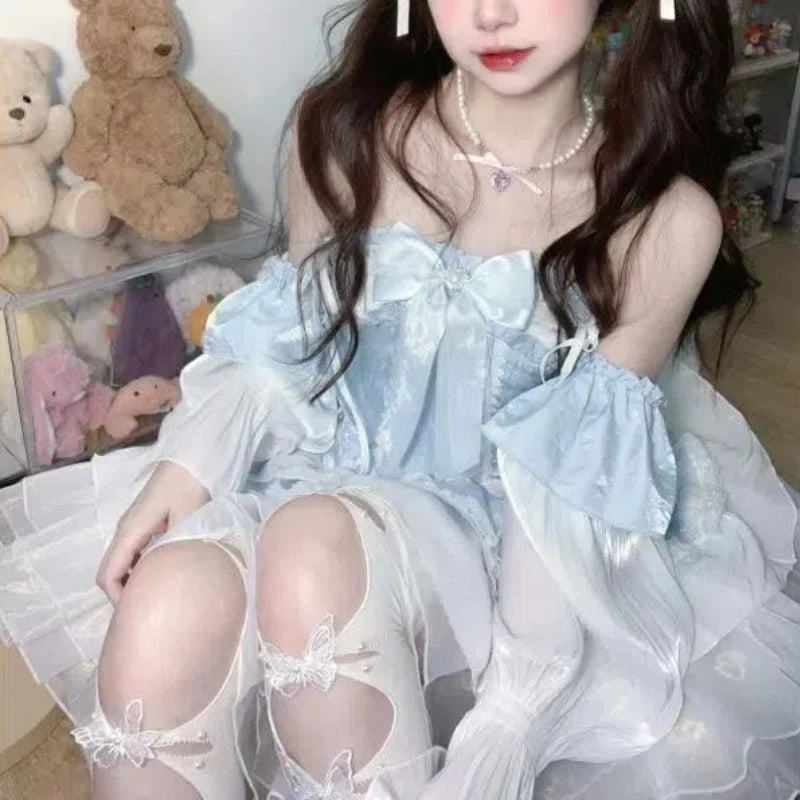 Aiertu Lolita Cute Girl Sweet Summer Patchwork Bow Ruffles Bandage Lace Fashion Solid Color Slim Casual Long Sleeved Dresses Aiertu