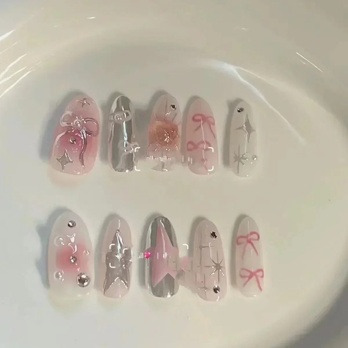 Aiertu 10Pcs Pink Handmade Press on Nails Full Cover Bow Tie Rhinestone Design French Almond Fake Nails Wearable Manicure Nail Tips Art Aiertu