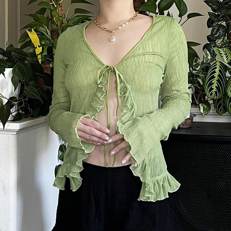 Aiertu  -  Women Y2k Aesthetic See Through Ruffled Shirt Grunge Slim Bandage Harajuku Blouse Sexy Streetwear Flare Sleeve Blusas De Mujer Aiertu
