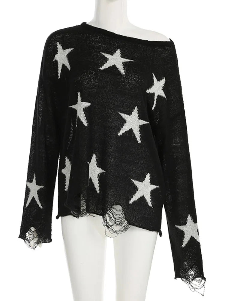Aiertu  -  Street Stars Printed irregular Wide Collar Sweater Hot Girl Loose Thin Ripped Knit Sexy See Through Pullovers Long Sleeve Aiertu