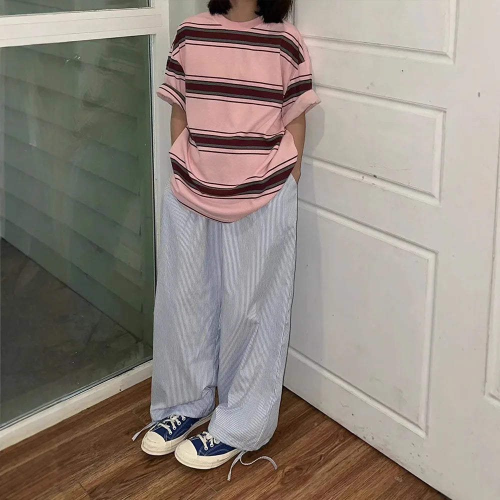 Aiertu  -  Fake two-piece striped trousers for men and women 2026 summer new casual wide-leg design lazy style thin straight pants Aiertu