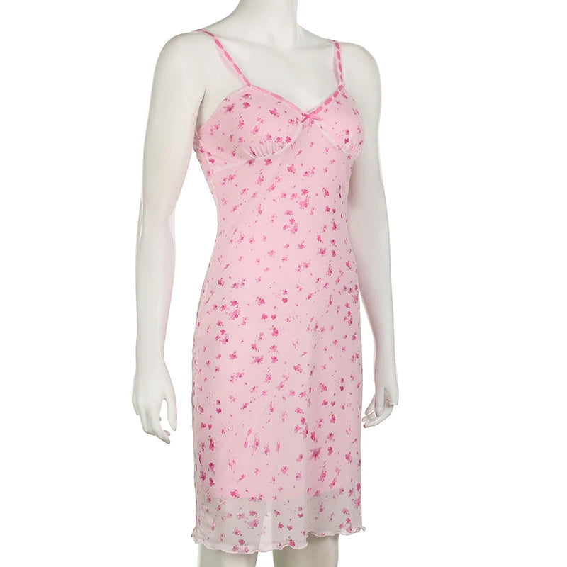 Aiertu  Spaghetti Strap Flowers Printed Summer Mesh Dress Frill Bow Sweet Holidays Sundress Coquette Clothes Double Layer New Aiertu