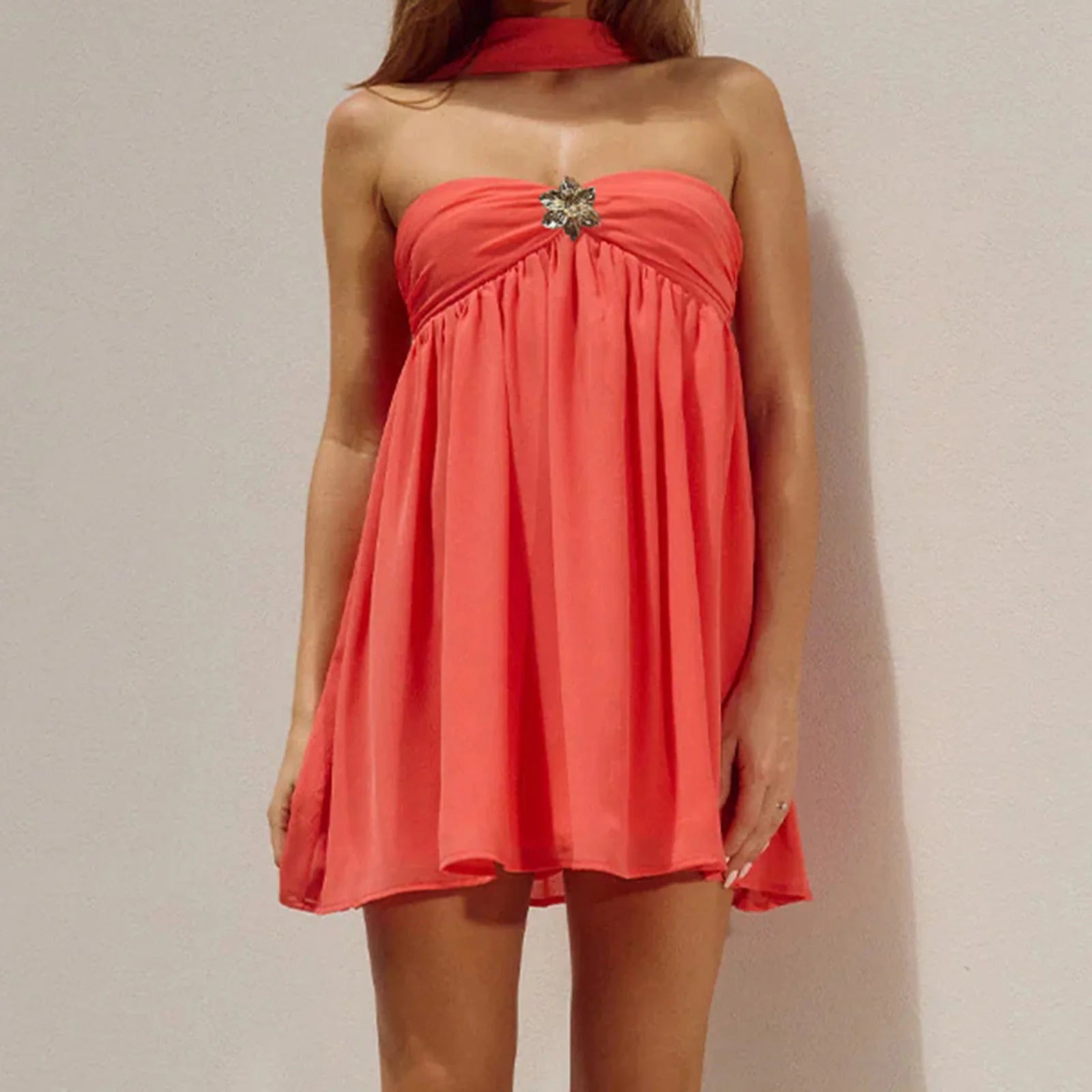Aiertu  -  Women Mini Babydoll Dress Metal Flower Back Halter Neck Sleeveless Backless A-line Short Dress for Daily Party Club Aiertu