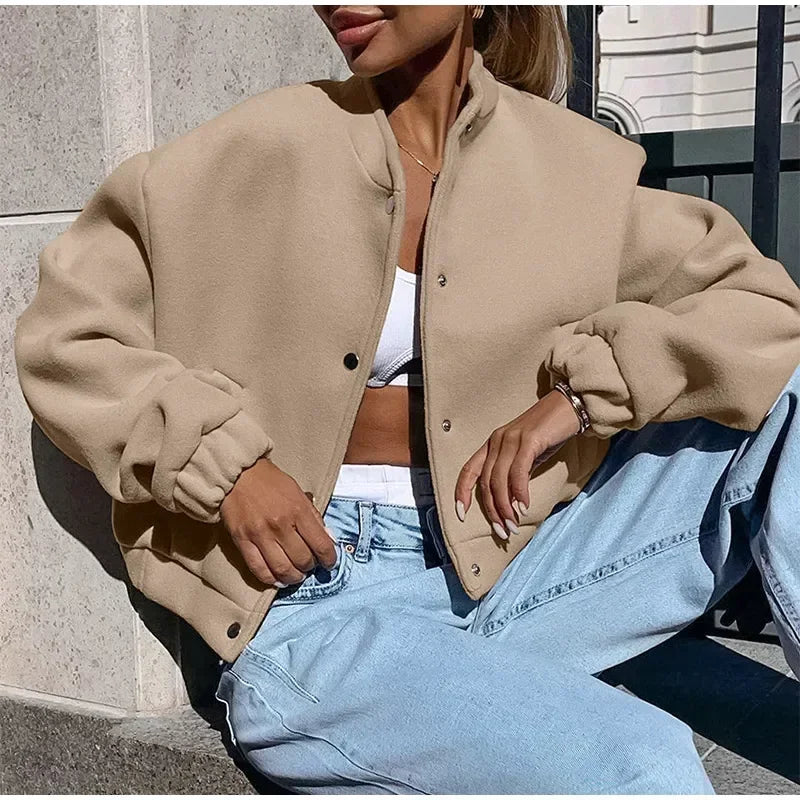 Aiertu  -  Casual Short Bomber Coats Women Loose O-neck Long Sleeve Single Breasted Jacket 2026 Autumn New Lady Vintage Solid Tops Outwear Aiertu