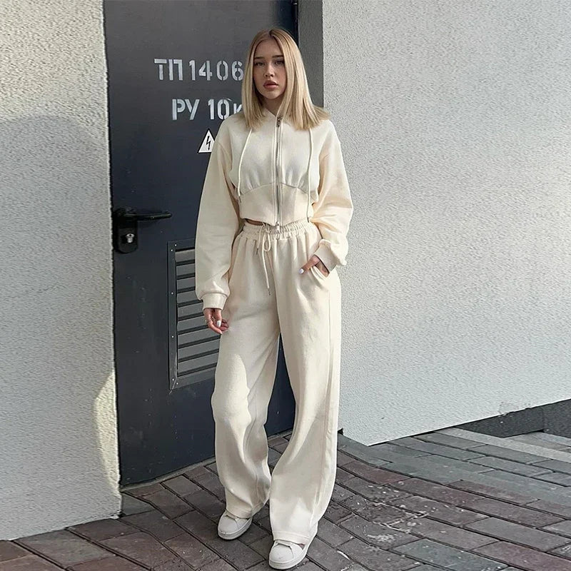 Aiertu  -  Casual Solid Hoodies Pants Set Women Long Sleeve Zipper Short Sweatshirt Loose Drawstring Trouser 2026 Autumn New Lady Tracksuit Aiertu