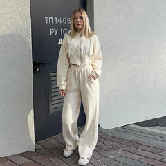 Aiertu  -  Casual Solid Hoodies Pants Set Women Long Sleeve Zipper Short Sweatshirt Loose Drawstring Trouser 2026 Autumn New Lady Tracksuit Aiertu